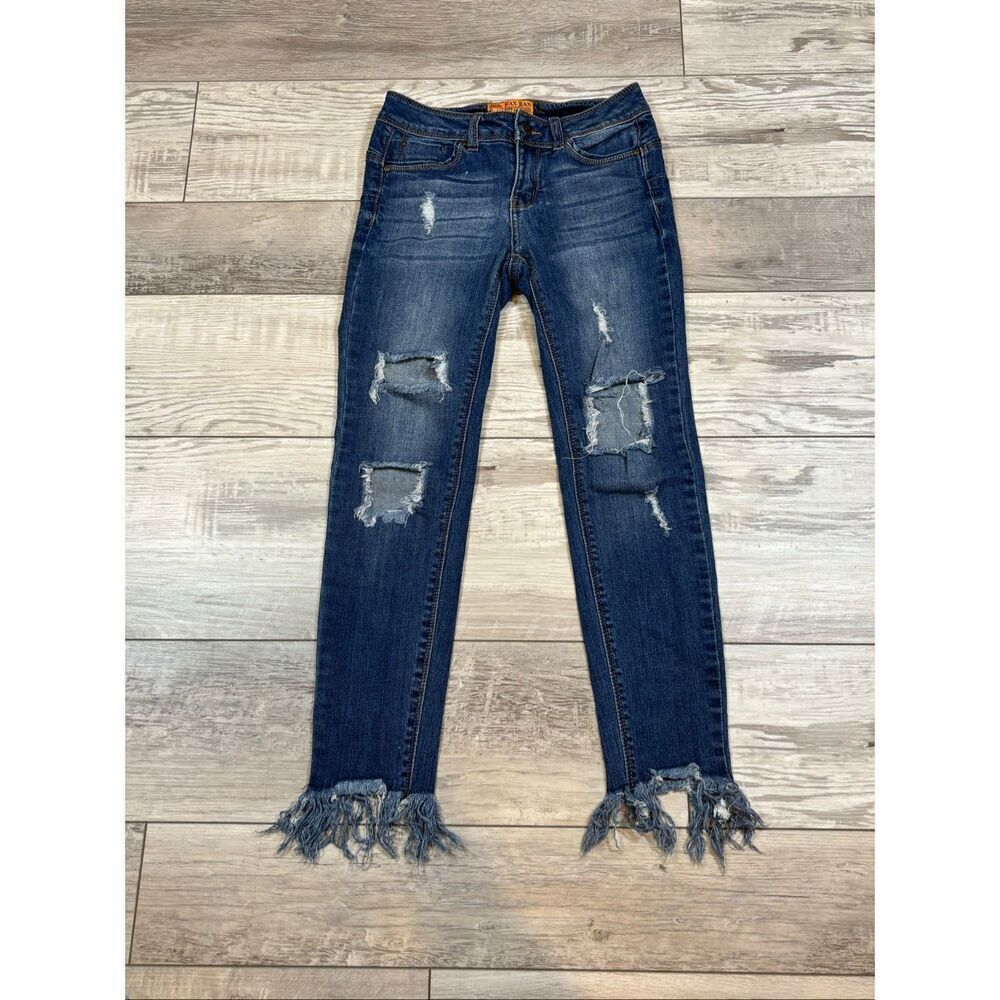 Wax Jean Dark Blue Distressed Frayed Hem Ankle Jeans